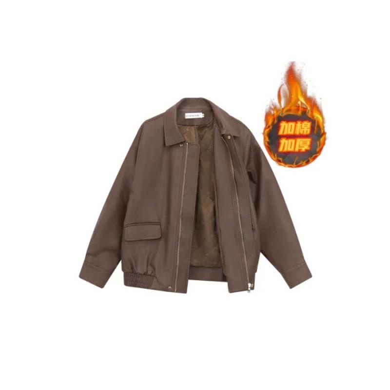Womens Brown PU Leather Jacket Short Loose Fit Vintage Style Motorcycle Biker Coat