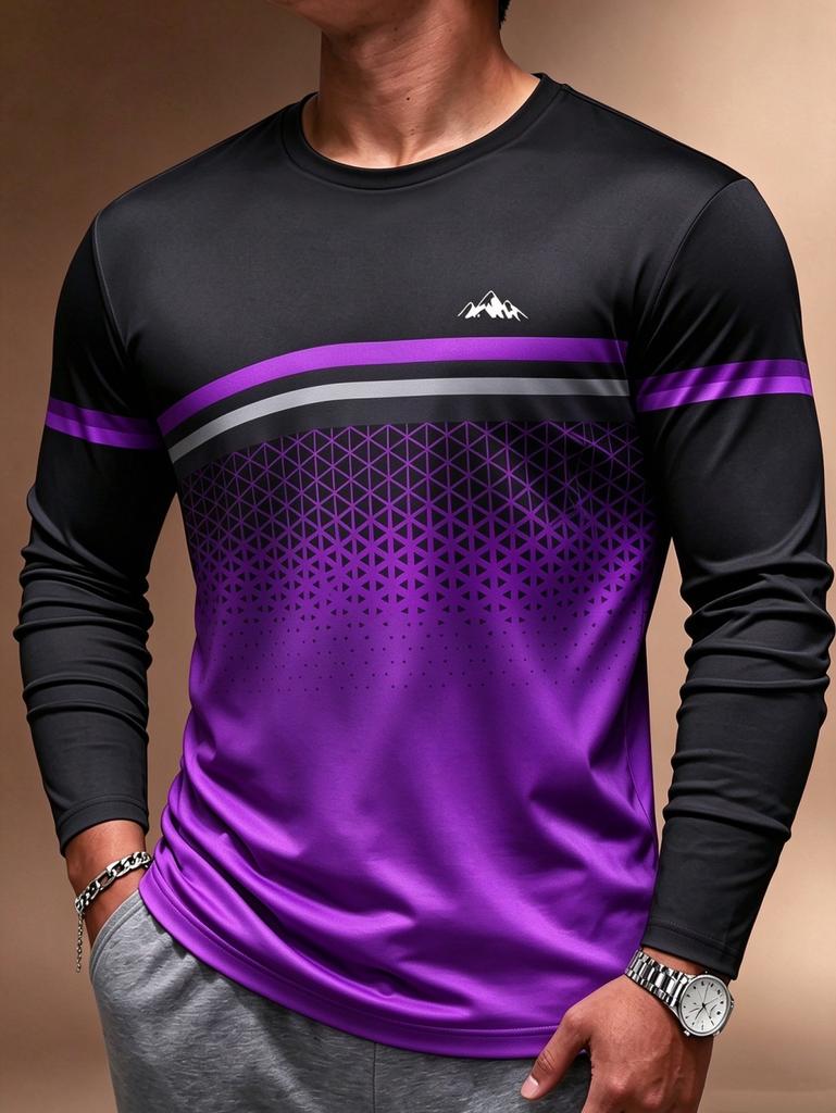 2026 Einfaches Herren-Streifen-Gradient-T-Shirt Herbst Outdoor Mode Langarm-Oberteile Übergroße Langarm-T-Shirts Herrenbekleidung