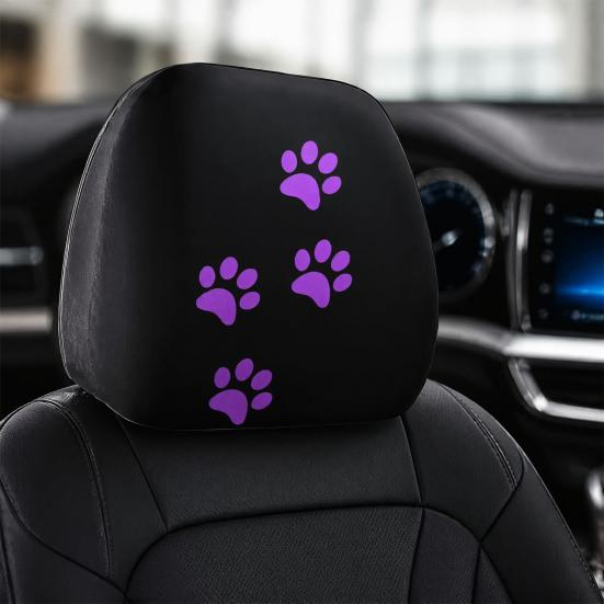 Durable Polyester Car Seat Accessories 2Pcs Universal Headrest Cover with Purple Cat Paw Print, Elastic Personalized Vehicle Sleeves Protector