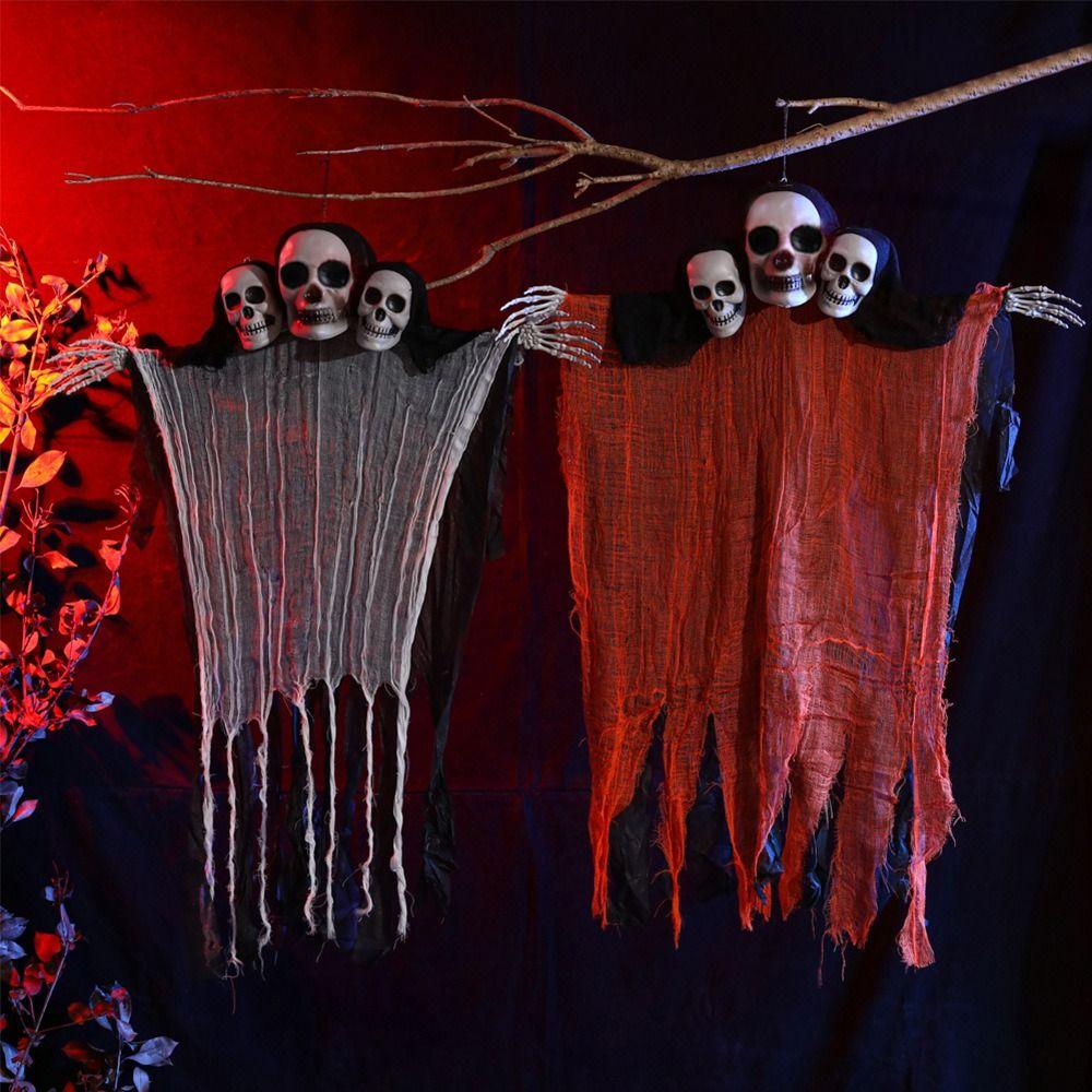 Cloth Halloween Hanging Ghost Skull Funny Halloween Pendant 3 Heads Ghost Skull Ornament Party