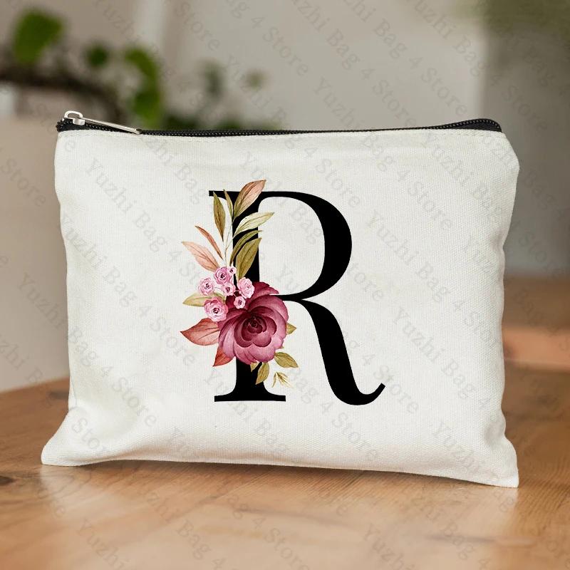 A-Z Alphabet Cosmetic Storage Bag Initial Graduation Gifts for Teacher Flowers Print Toiletry Bag for Bridesmaids Wedding Gifts