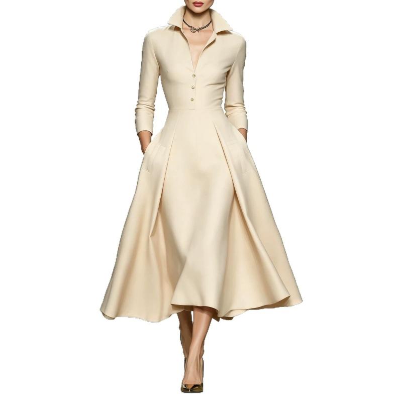 Damen Mode Elegant Taille Enger Umlegekragen Langarm Midi Freizeitkleid