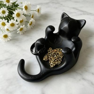 3D Printed Sculpted Black Cat Tray Cute Kitten Jewelry Trinket Dish with Hollow Belly Desktop Decorative Ring Holder for Earrings Bracelets Necklaces