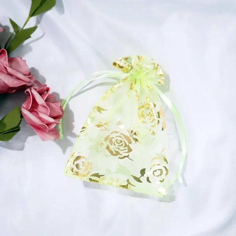 50piece Gold Stamp Rose Pattern Gauze Bag Colorful Pull Rope Self Sealing Storage Bags Candy Gift Accessory Package Jewelry Pouc