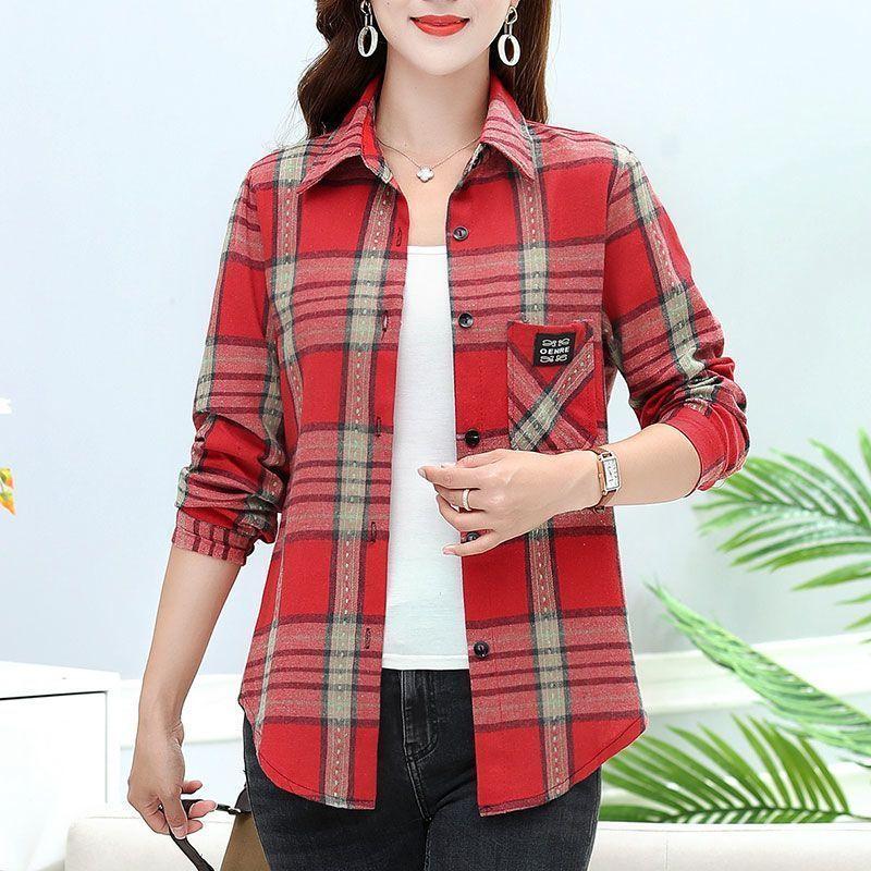 Spring Autumn Mom's Elegant Harajuku Plaid Tops Women Loose Casual All Match Lady Shirt Polo Collar Button Long Sleeve Shirt