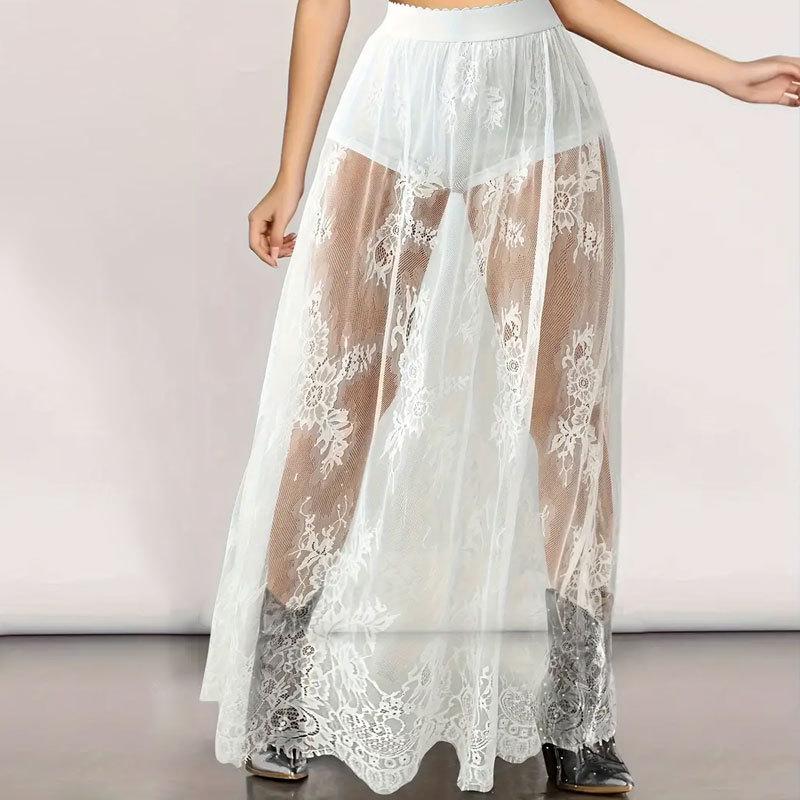 European & American Fashion Crochet Lace See-through Midi Skirt - Sexy, A-line, Spring/Summer, Micro-elastic.
