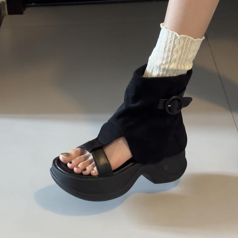 Fashion Fashion Height Increase Women Sandals Boots Fashion Hollow Out Open Toe Shoes Street Style Ladies Thick Heel Short Booties