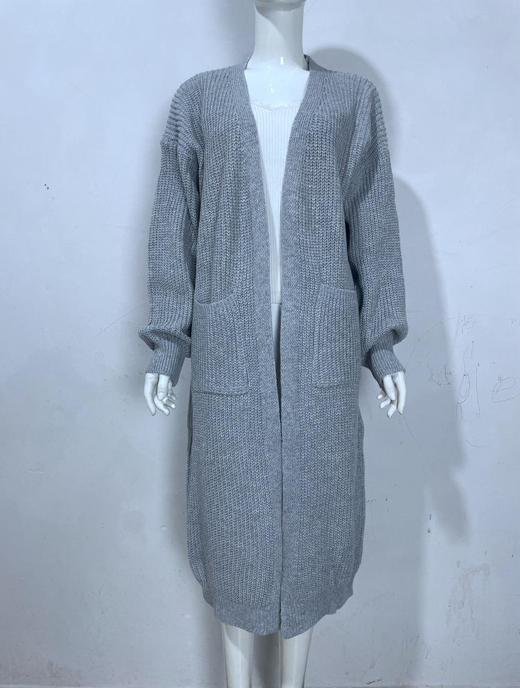 Solid Color Women's Knitted Mid-length Cardigan with Pockets
