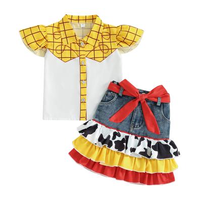 Kids Girl Summer Outfits Plaid Print Fly Sleeve Shirts Tops Cow Pattern Ruffles Patchwork Denim Skirts Headband 3Pcs Clothes Set