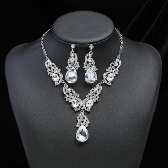 Women Necklace Earrings Rhinestone Luxury Hollow Symmetric Retro Set Out Anti-allergy Hanging Earrings Bridal Wedding