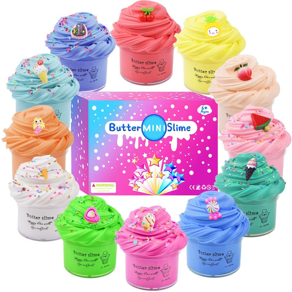 12 Pack Fluffy Butter Slime Kit, With 12 Pack Cute Mini Charms, Cute Slime Party Gift, Super Soft and Non-Sticky, Stress Relief Toy for Girls and Boys