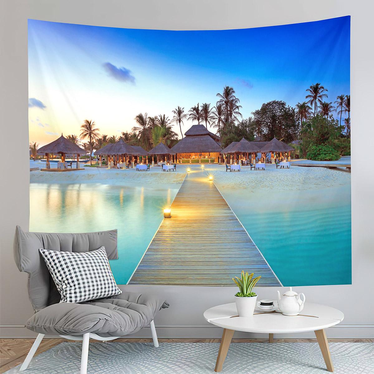 Tropical Island Tapestry Dusk Sunset Beach Tapestry Palm Tree Tapestry Wall Hanging Tapestries Art Living Room Bedroom Dorm W95xH70cm