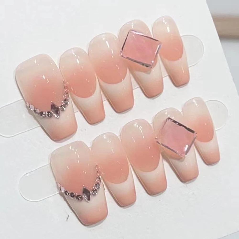 10Pcs Handmade French Gradient Cat Eye Press On Nails With 3D Butterfly Diamond Flowers Long Coffin Almond Shape