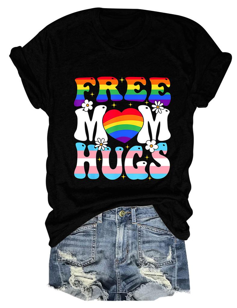 Summer New Shortsleeved Casual Tshirt Free Mom Hugs Print Loose Crew Neck Fashion Top Jumper