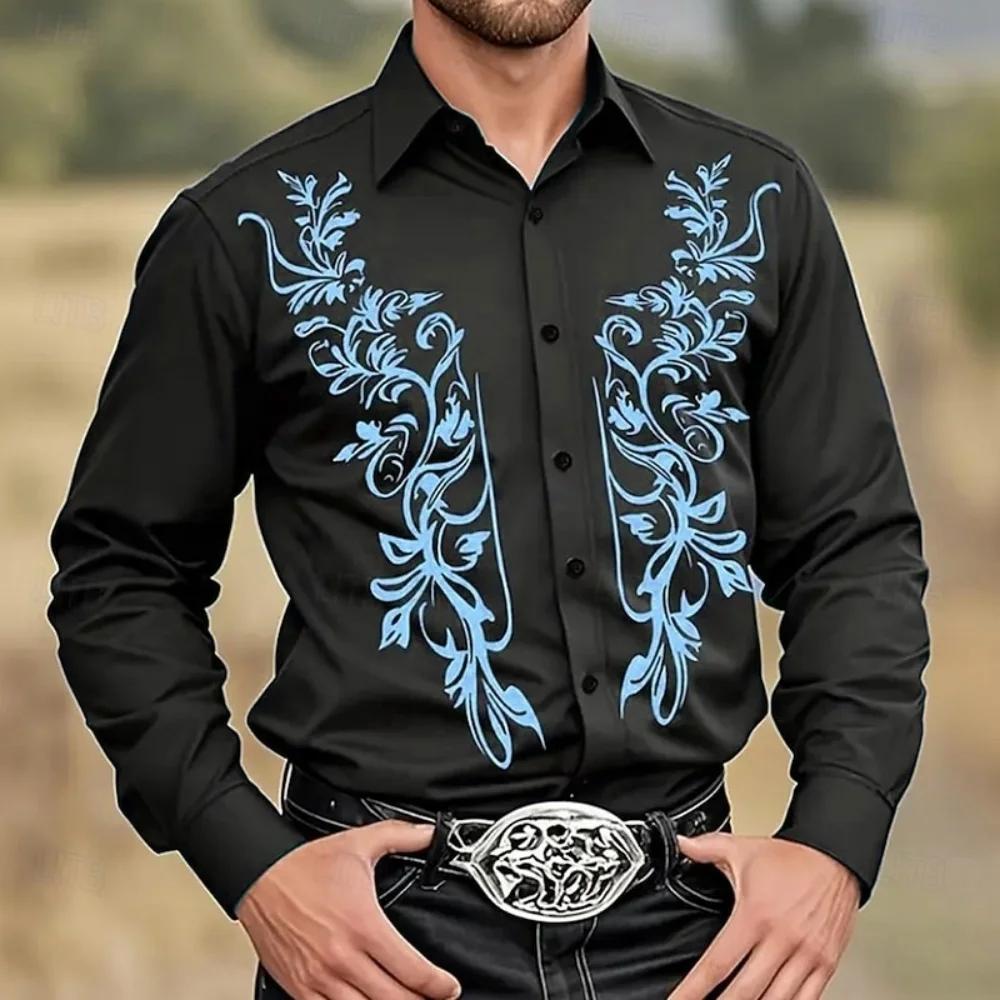 Western Embroidered Long Sleeve Shirt, Stylish Men's Casual Shirt