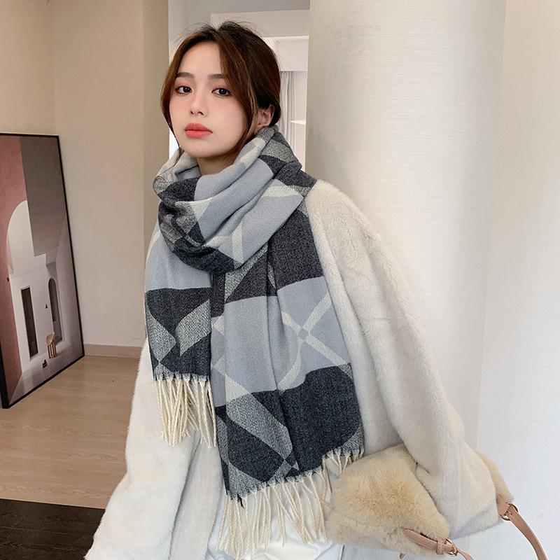 Autumn and Winter New Simple Starry Space Tassel Shawl Scarf Dual Purpose Retro Tassel Plaid Imitation Cashmere Scarf for Women