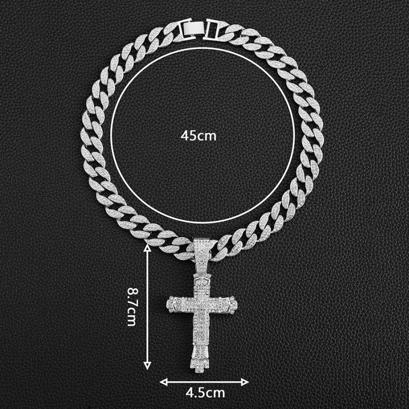 Crystal-Studded Detailed Cross Pendant with Adjustable Cuban Chain - Hip Hop Unisex Alloy Statement Necklace for Men and Women
