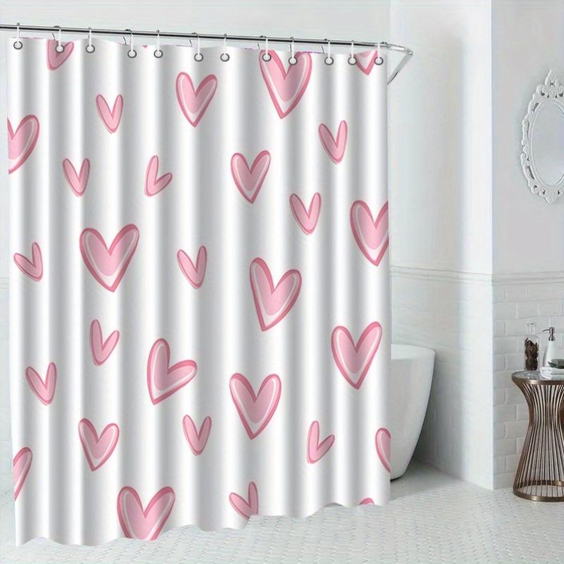 1Pc Pink Heart-Patterned Shower Curtain With Hooks, Polyester Fabric, Machine Washable, Suitable For Bathroom Decor.