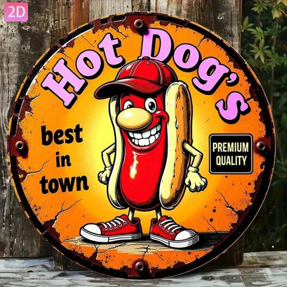 Vintage Hot Dog Cartoon Tin Sign 20x20cm 2D Flat Aluminum Wall Art Kitchen Bar Garden Garage Outdoor Decor