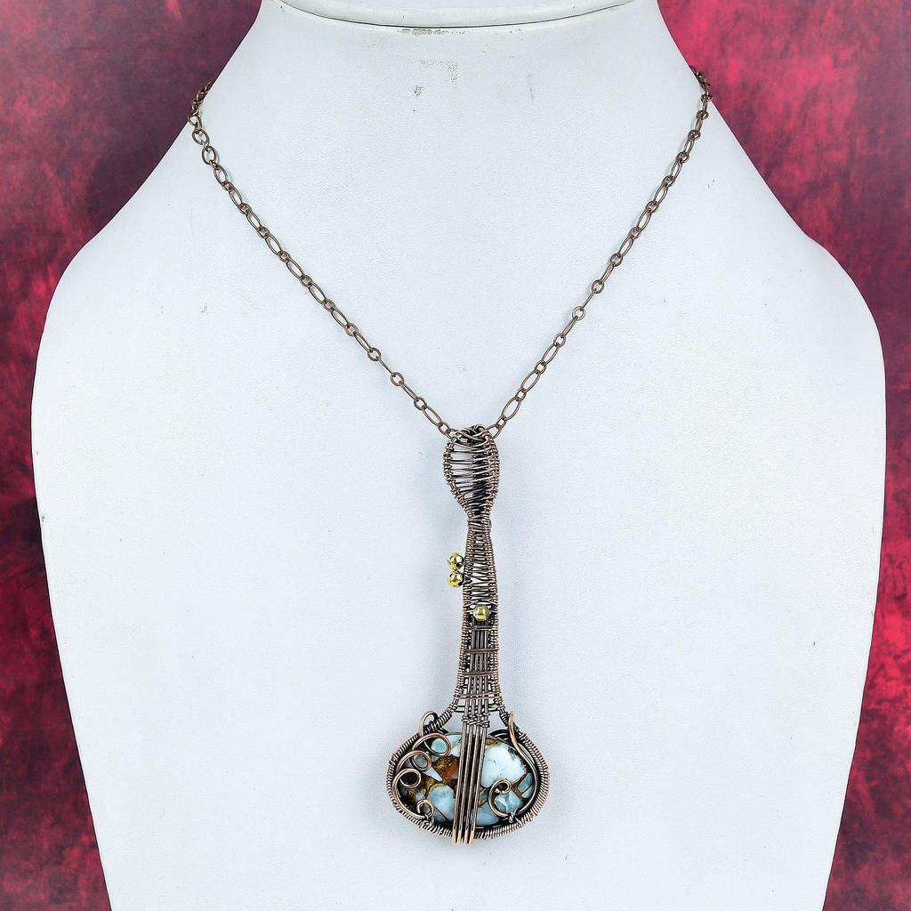 Copper larimar pendant copper wire wrapped jewelry guitar gemstone pendant copper wire wrap pendant handmade unique jewelry gifts for mother