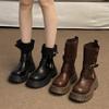 British Style Women's  New Spring and Autumn Single Boots Retro Two in One Mid Length Boots Thick Soled Black Short Boots