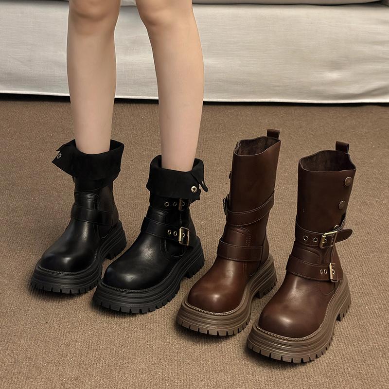 British Style Women's  New Spring and Autumn Single Boots Retro Two in One Mid Length Boots Thick Soled Black Short Boots