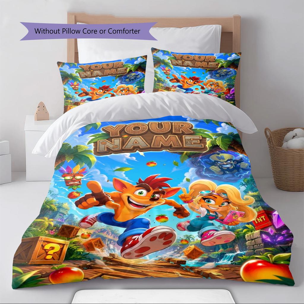 Name Custom Crash Bandicoot Pattern Bedding Set Quilt Cover Pillowcase Home Decor Gift (1 * duvet cover + 2 * pillowcase, without core)