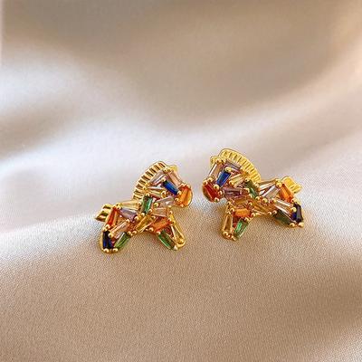 Real Gold Electroplated Silver Needle Zircon Pony Stud Earrings Natal Year Design Sense Niche Earrings Light Luxury High Sense Earrings Women