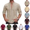 Men's Long Sleeve Shirt - Cotton Linen, Vintage , Button Stand Collar