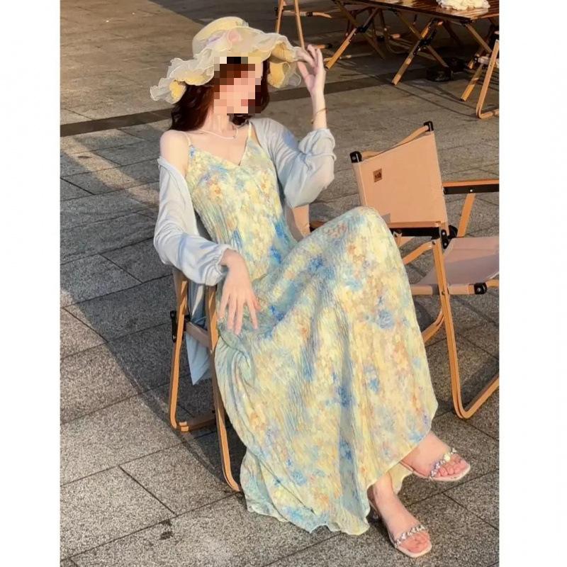 Summer new floral suspender dress simple commuter style splicing design long dress single piece middle-aged and young people