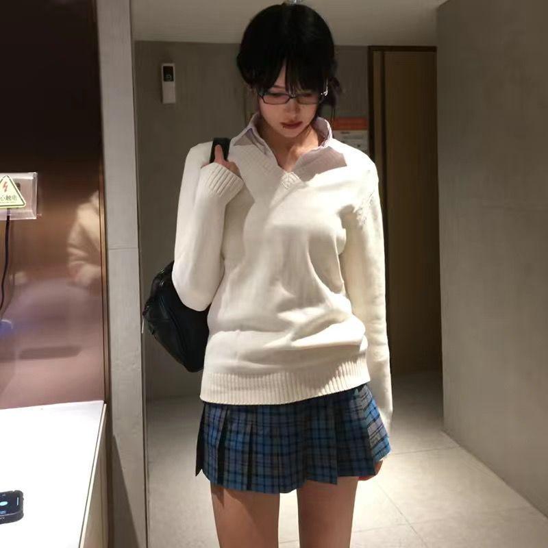Preppy V-Neck JK Uniform Sweater Set: Autumn-Winter Long-Sleeve Versatile Outerwear for Girls