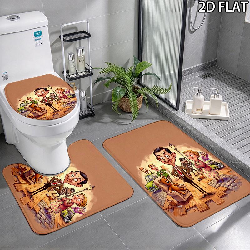 3pcs Mr. Bean Pattern Flannel Nonslip Absorbent Washable Decorative Bathroom Home Toilet Seat Cover Mat