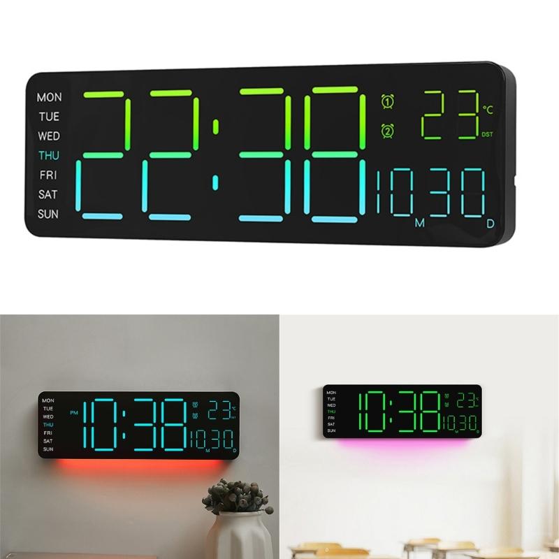 Modern Ambient Light Wall Clock Adjustable LED Screen Shows Time Temperature Date 12/24Hour Mode Easy Setups Home Decors
