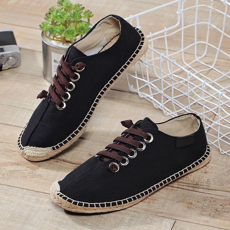 Lace-Up Canvas Shoes Men's Shoes Hand-Sewn Hemp Pope Fisherman Flats Shoes Men Linen Espadrilles