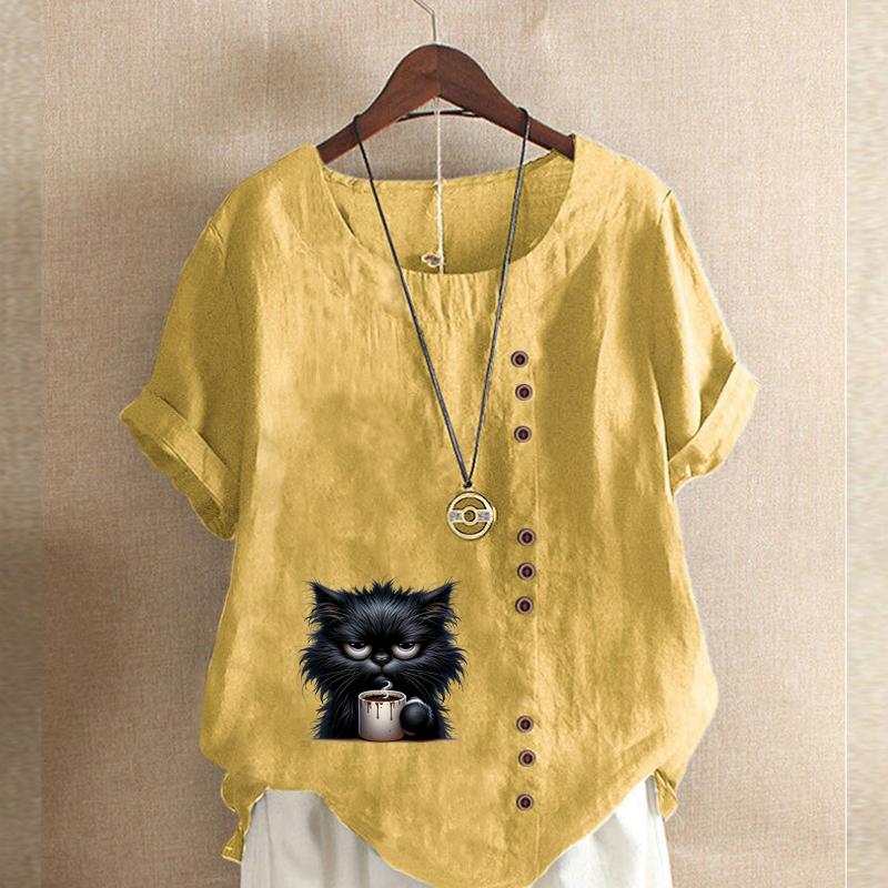 Women's Fashion Cute Black Cat Prined Short Sleeve T-shirt Loose Cotton Shirt Casual Loose Summer Blouse Tops Plus Size