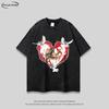Unisex Oversized Retro Washed Cotton Tee With Angel Print Round Neck Short Sleeve Streetwear