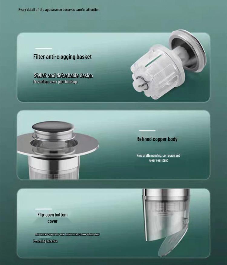 Universal Copper Pop-up Stopper: Deodorant Anti-Clog Basin Filter Drainer for Water and Hand Wash Basins