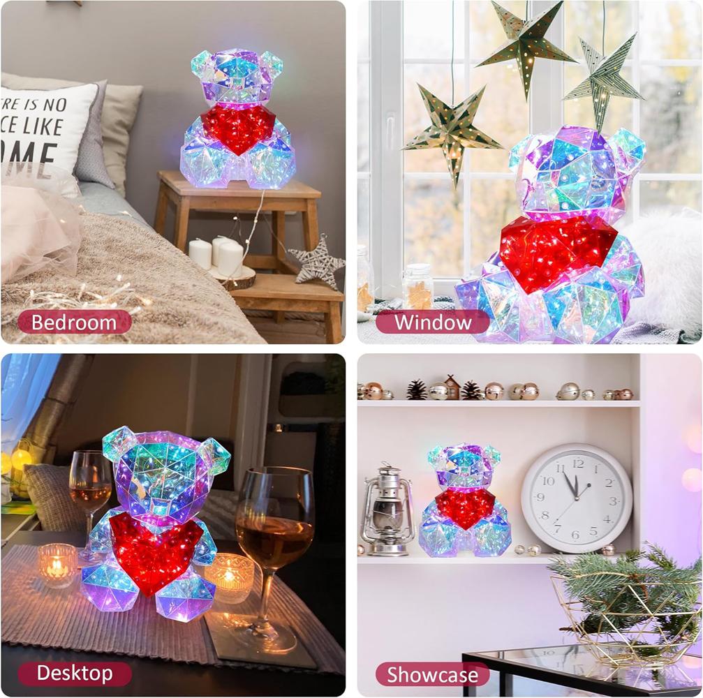 Large Prismatic Iridescent Love Bear With LED Lights, Colorful Glow Indoor Decorations for Girlfriend Valentine's Day Gift