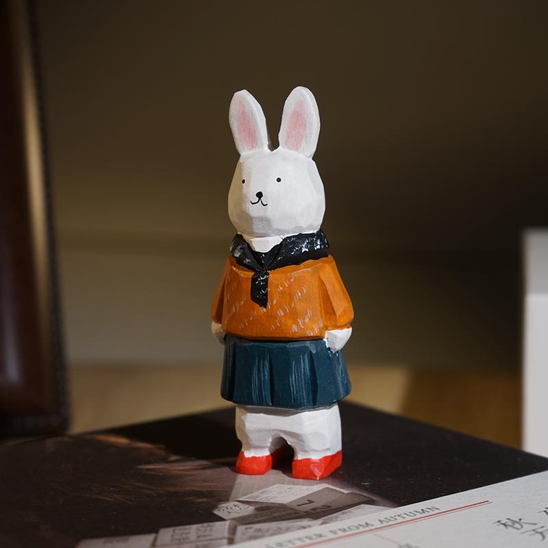 Handmade Princess Rabbit Wooden Carving Mini Statue Cute Cartoon Office Desk Decor Gift for Women