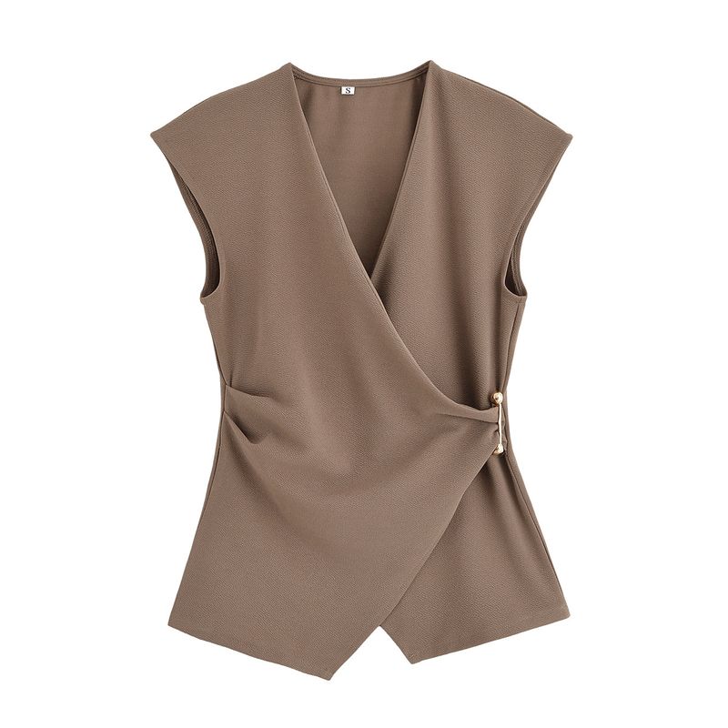 

Kaslead New Women clothes Western Style Pin Texture Sleeveless Top Trousers 3644177 3644178 Brown Tops L