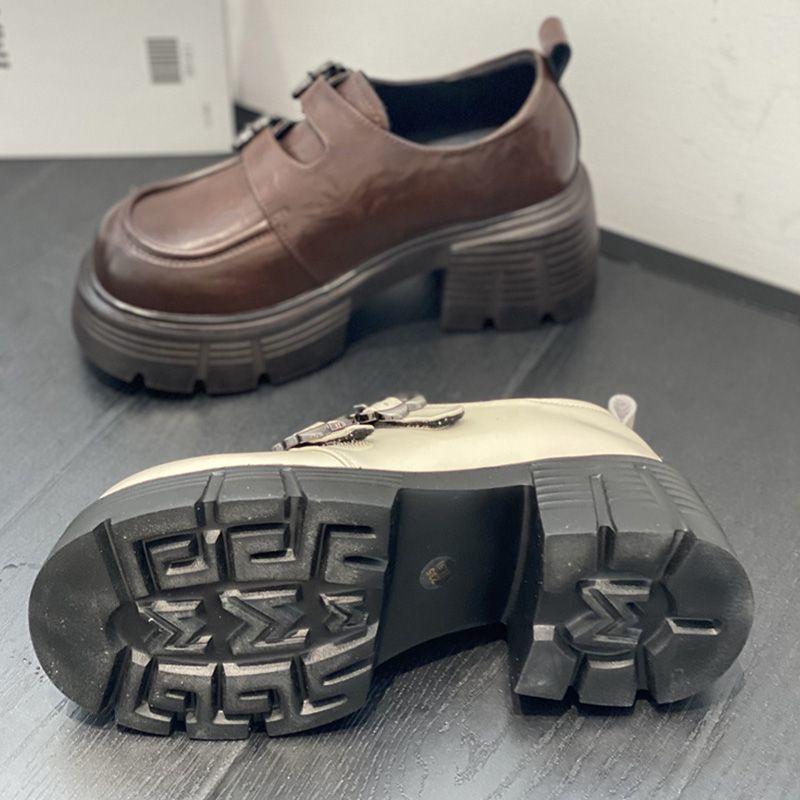 Retro lightweight thick-soled one-word buckle temperament small leather shoes women's 2024 autumn and winter new French sweet and cool loafers single