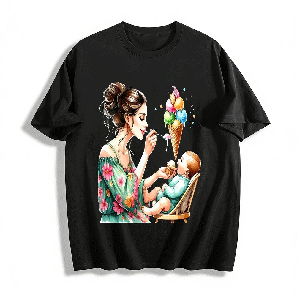 

Mom And Baby Ice Cream Print Casual Top Pure cotton T-shirt XXS