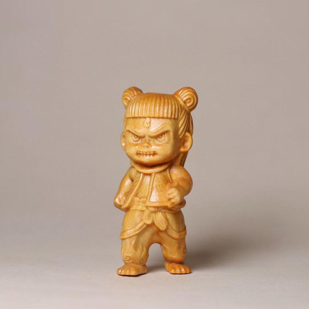 Nezha Series Handcrafted Taihang Cliff Cypress Wood Carving – Exquisite Desktop Ornament