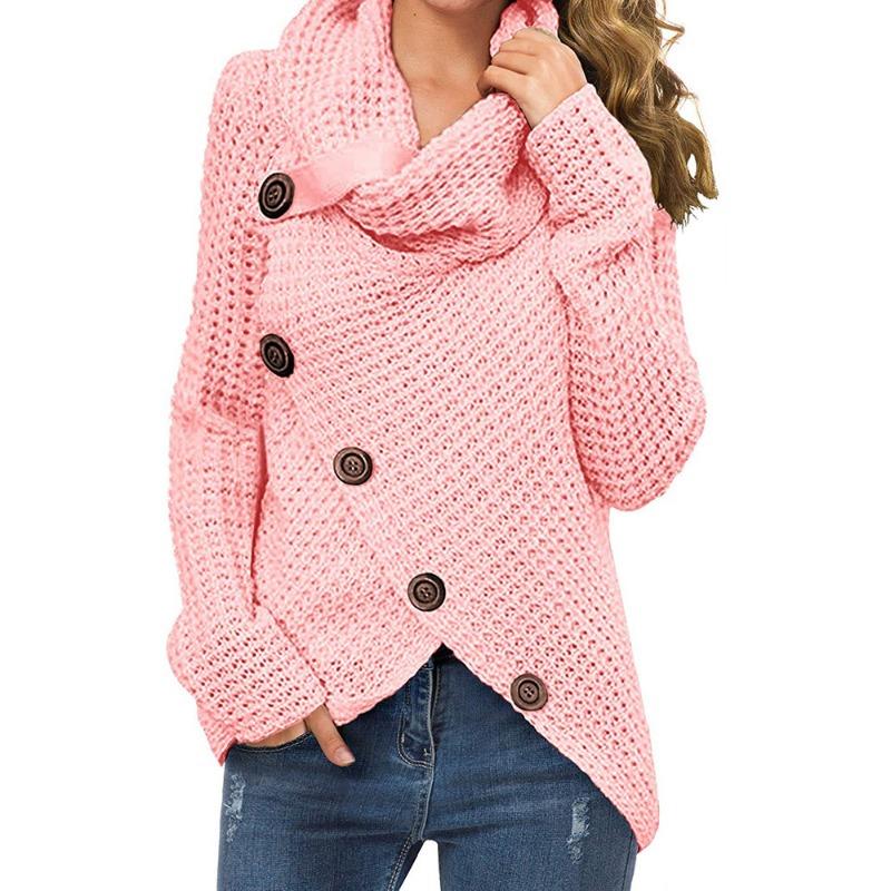 2024 Autumn and Winter New High-neck Long Sleeve Irregular Oblique Button Sweater Sweater Solid Color Thin Shirt
