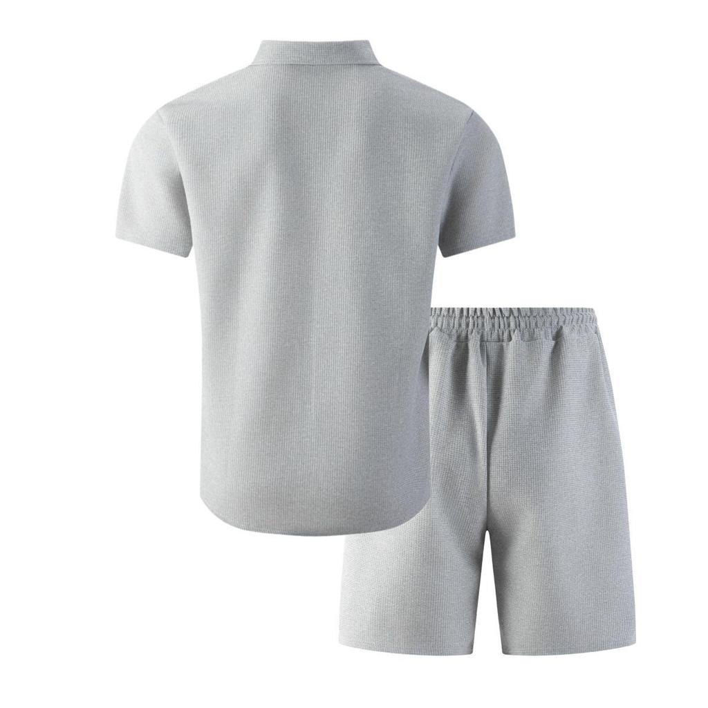 2026 Men's European-American Casual Waffle Texture Summer Set: Solid Color Lapel Short Sleeve Shirt & Shorts