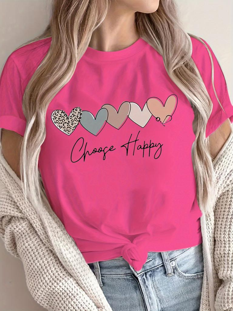Choose Happy Women's Tee - Boho Leopard Heart Graphic Maroon Top