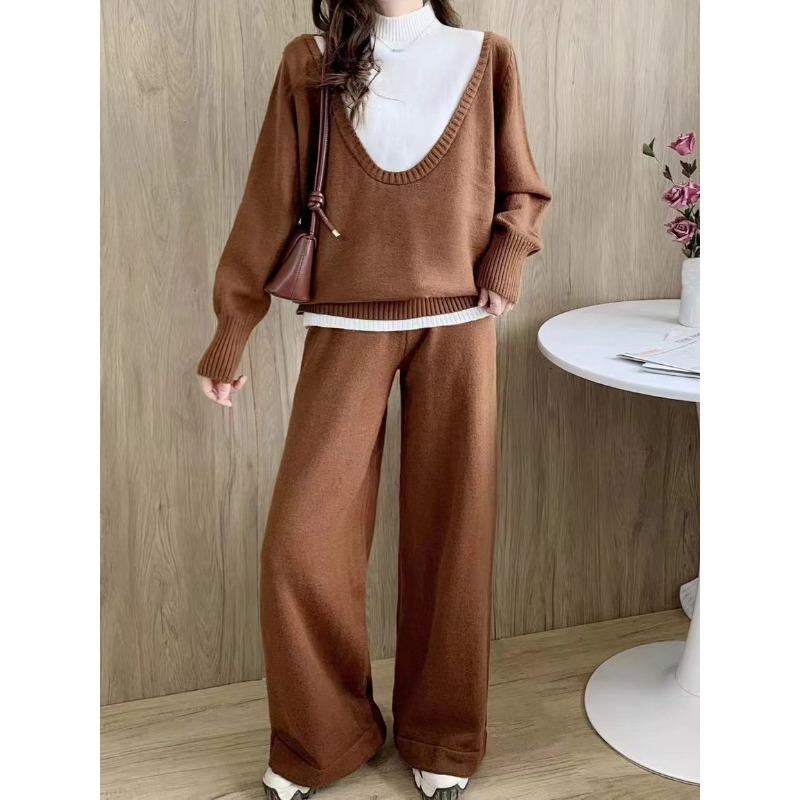 Fake Two-piece Set for Women's Autumn and Winter New Loose Large-size Casual Style Wide-leg Pants Knitted Sweater Set