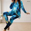 Women Plus Size Half Zip Long Sleeve Marble Print Long Top And Fitted Pants Two Piece Set