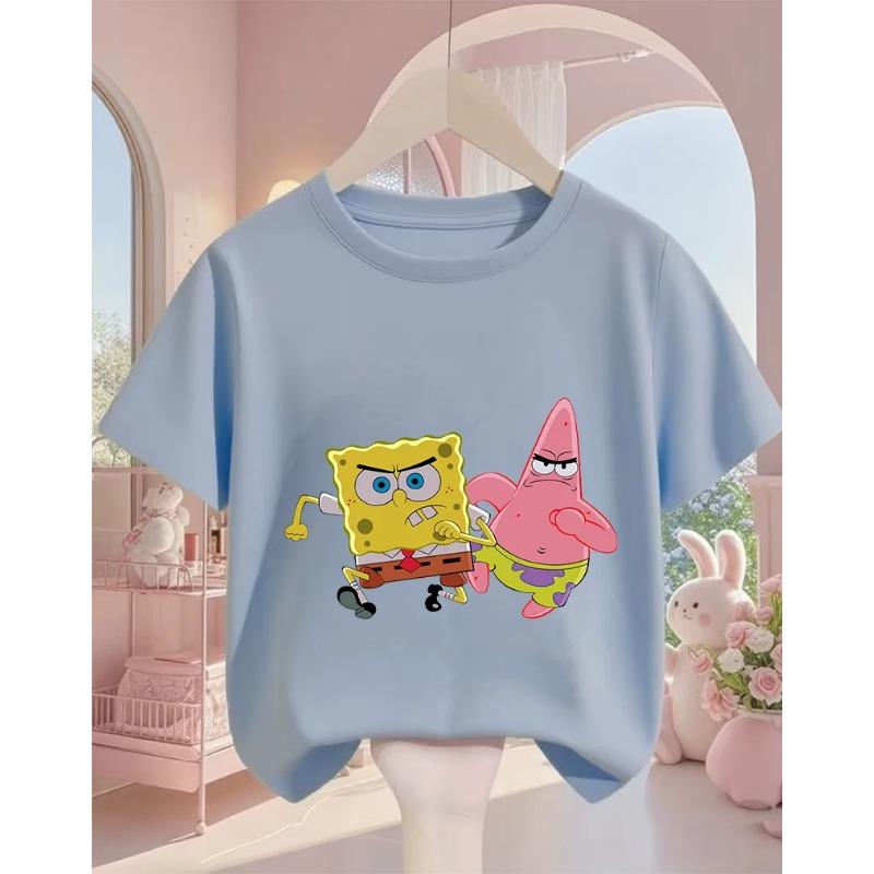 Street SpongeBob SquarePants Casual T Shirt 3-14Y Boys Girls Summer Cute Kawaii Fashion Hot Cartoon Crew Neck Kids