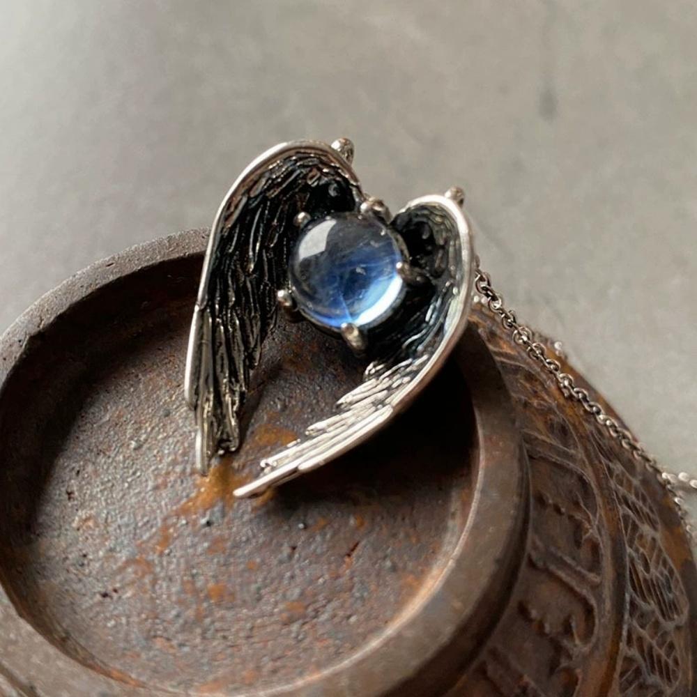 ZRM New Crystal Wings Pendant Necklace European and American Fashion Unique Personality Retro Ghost Jewelry Gift